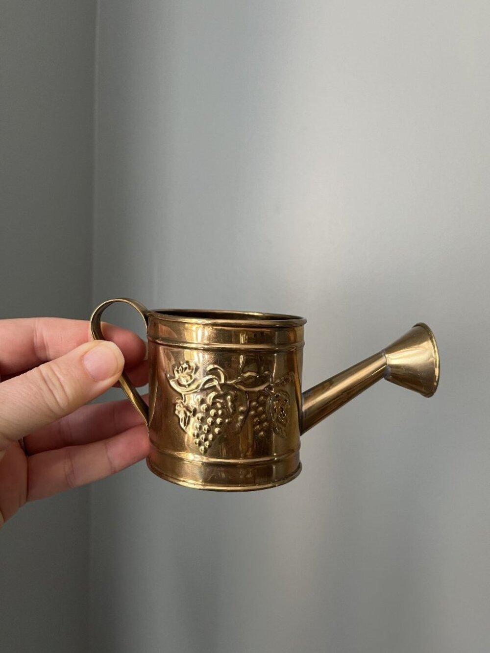 Hosley Vintage Solid Brass Minature Watering Can Decor Embossed Vines 2.5" x 5.5